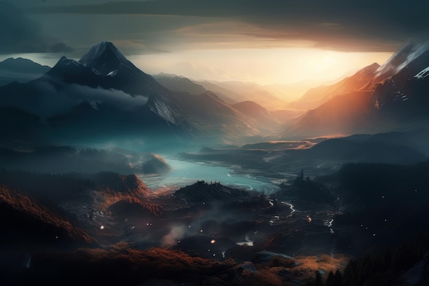 Een digitaal schilderij van een bergketen met een zonsondergang op de achtergrond