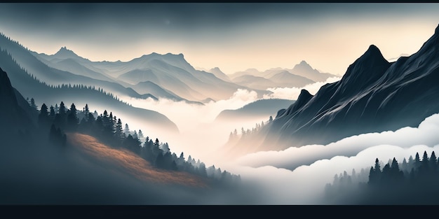 Een digitaal schilderij van een berglandschap met de zon aan de horizon.