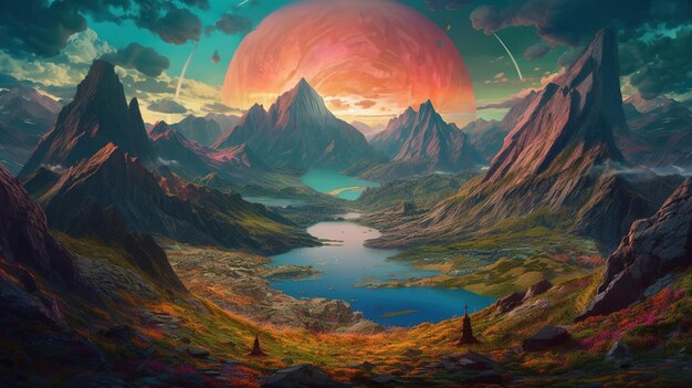 Een digitaal schilderij van een berglandschap met een grote oranje en blauwe lucht en een grote maan erboven.
