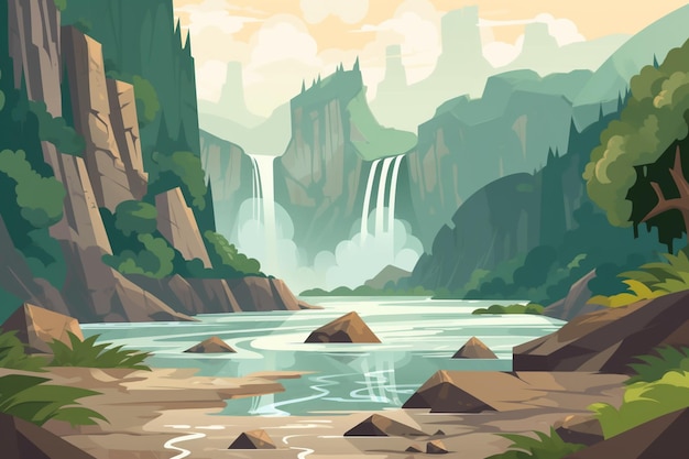 Een digitaal schilderij van een berglandschap met een waterval en de woorden waterval.