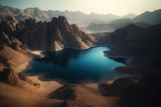 Een digitaal schilderij van een bergmeer met bergen op de achtergrond.