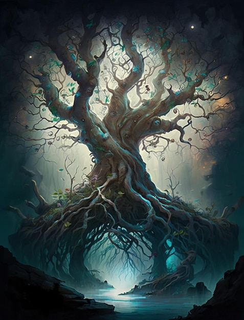 Een digitaal schilderij van een boom met het woord boom erop.