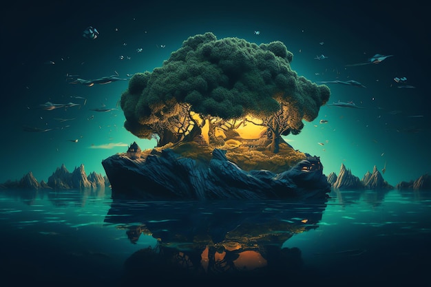 Een digitaal schilderij van een boom op een klein eiland met een maan erachter
