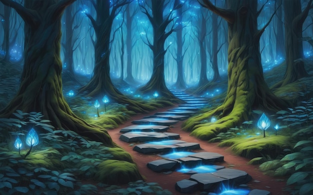 Een digitaal schilderij van een bos met blauwe lichten en een arduinen pad