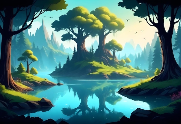 een digitaal schilderij van een bos met een rivier en bomen