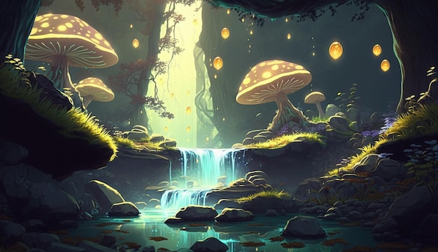 Een digitaal schilderij van een bos met paddenstoelen en een waterval.