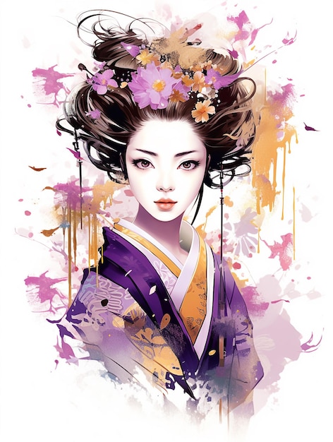 Een digitaal schilderij van een geisha met bloemen op het gezicht