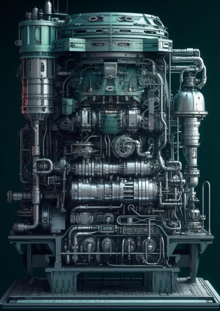 Een digitaal schilderij van een grote machine met een grote motor en een groot aantal pijpen.