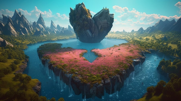 Een digitaal schilderij van een grote rots omgeven door water en een groot hartvormig eiland.