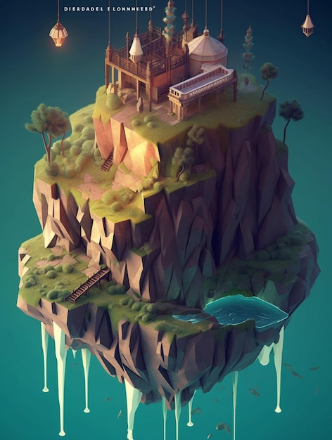 Een digitaal schilderij van een huis op een klif