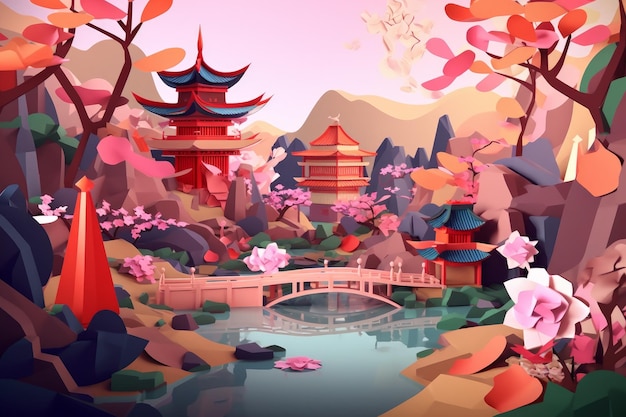 Een digitaal schilderij van een Japans landschap met een brug en een brug.