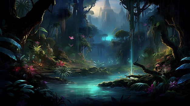 Een digitaal schilderij van een jungle met een waterval op de achtergrond