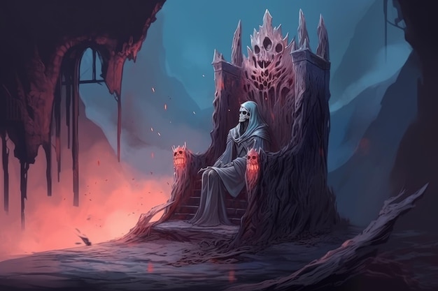 Een digitaal schilderij van een kasteelruïne met een spookachtige ondode koning die op een verwoeste troon drijft in een mysterieuze sfeer, fantasieillustratie Generatieve AI