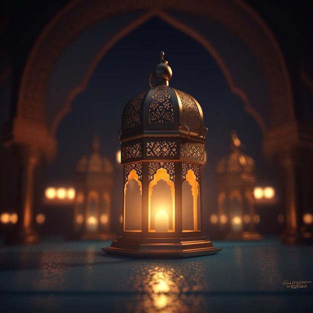 Een digitaal schilderij van een lamp met de woorden ramadan erop.