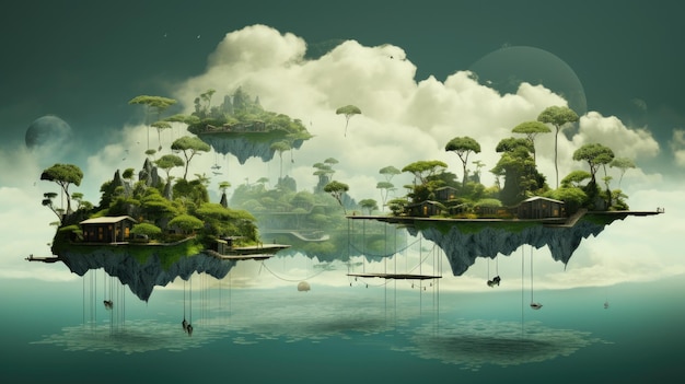 een digitaal schilderij van een landschap met boten in het water.
