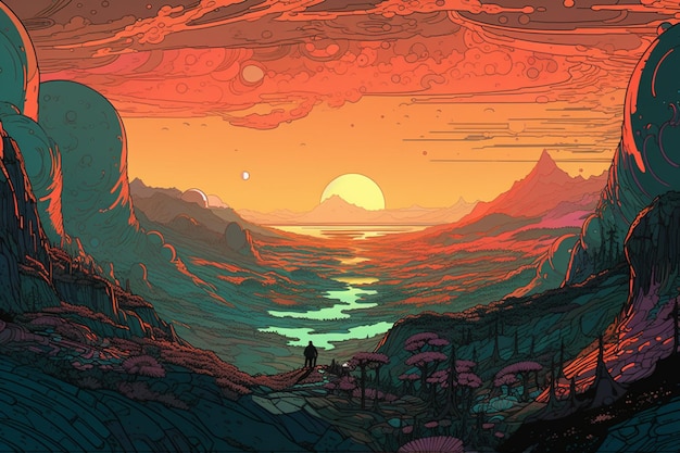 Een digitaal schilderij van een landschap met een zonsondergang en een man aan de horizon.