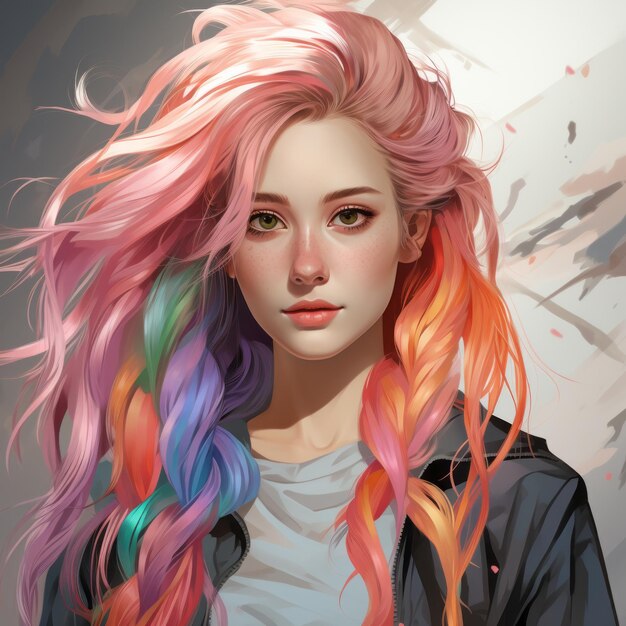 een digitaal schilderij van een meisje met kleurrijk haar