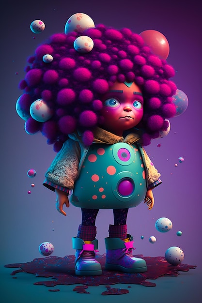 Een digitaal schilderij van een meisje met paars haar en een paarse bal