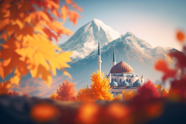 Een digitaal schilderij van een moskee in de herfst met een berg op de achtergrond.