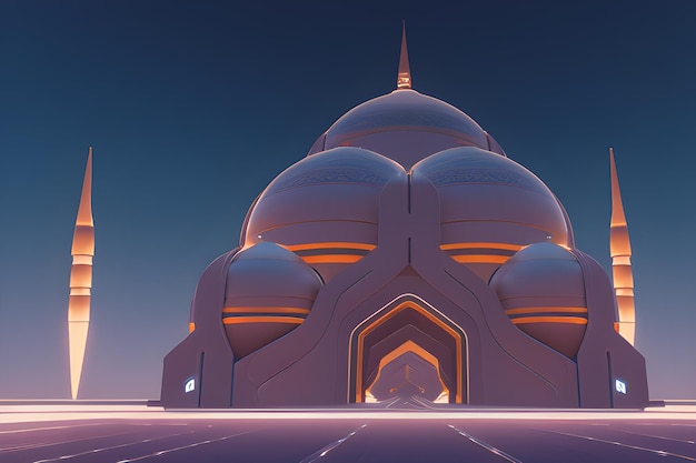Een digitaal schilderij van een moskee met een blauw licht bovenop AI Generative