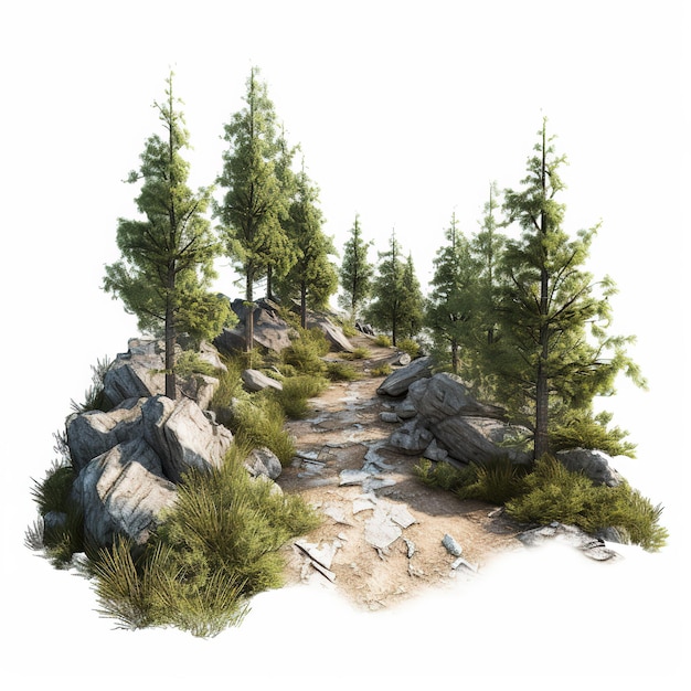 Een digitaal schilderij van een pad in het bos met links bomen.