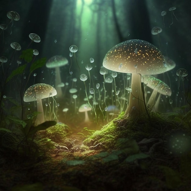 Een digitaal schilderij van een paddenstoel in een donker bos