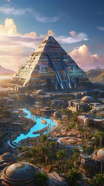 Een digitaal schilderij van een piramide met een rivier in het midden.