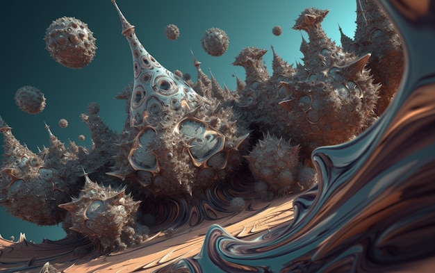 Een digitaal schilderij van een planeet met een blauwe achtergrond en een stel vreemde vormen.