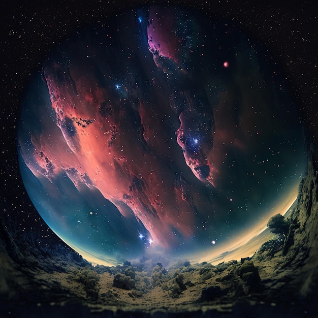 Een digitaal schilderij van een planeet met een nevel in het midden