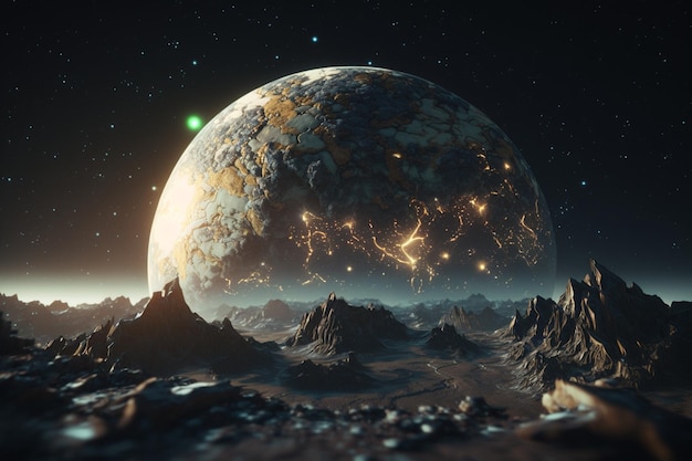 Een digitaal schilderij van een planeet met een planeet en een maan op de achtergrond.