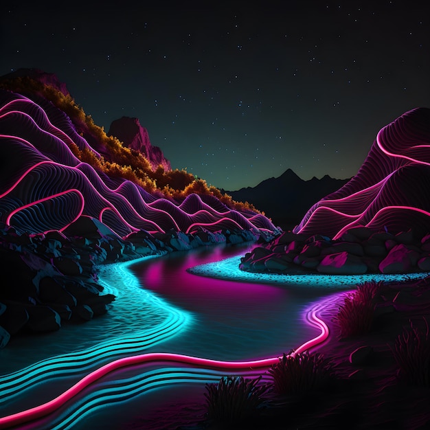 Een digitaal schilderij van een rivier met een neonlicht erop is gegenereerde kunst