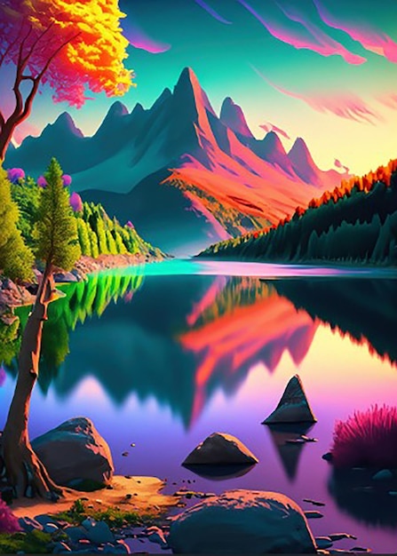 Een digitaal schilderij van een rivier of meer en bergen met een zonsondergang of zonsopgang op de achtergrond