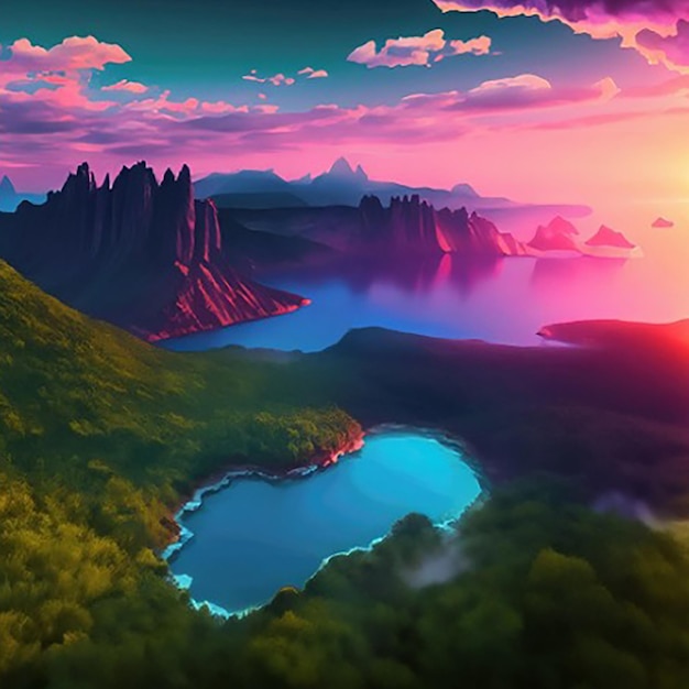 Een digitaal schilderij van een rivier of meer en bergen met een zonsondergang of zonsopgang op de achtergrond
