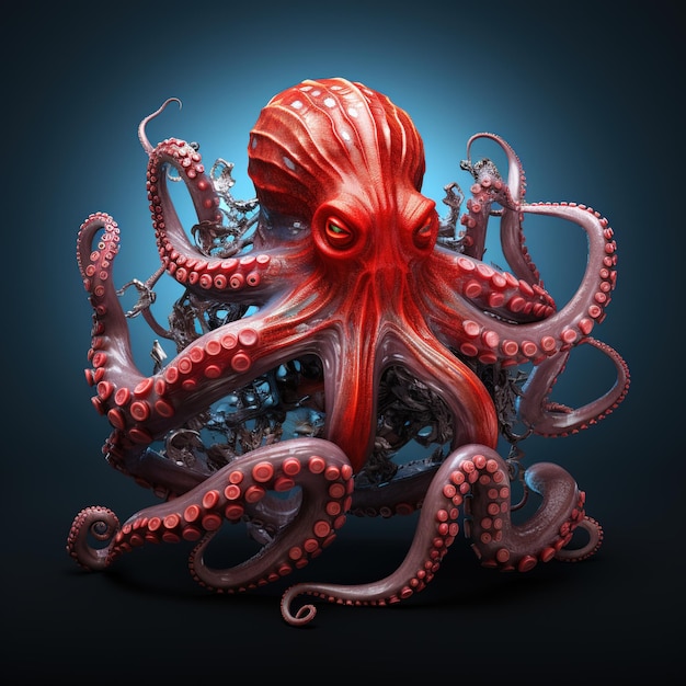 Een digitaal schilderij van een rode octopus met groene ogen