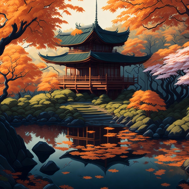 Een digitaal schilderij van een rustige Japanse tuin in de herfst met een theehuiskoivijver