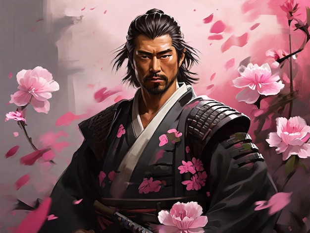 Een digitaal schilderij van een samurai met roze bloemen op de achtergrond