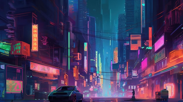 Een digitaal schilderij van een stad met een auto op de voorgrond en een neonbord met de tekst 'cyberpunk' erop.