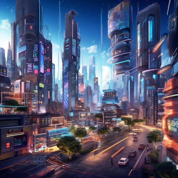 Een digitaal schilderij van een stad met een bord waarop staat 'stad van de toekomst'