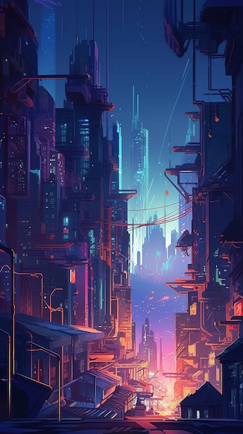 Een digitaal schilderij van een stad met op de achtergrond een neon stad.