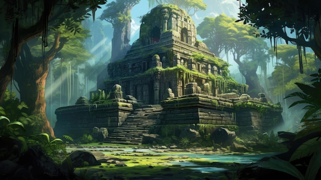 Een digitaal schilderij van een tempel in de jungle.