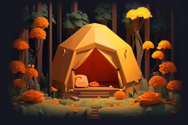 Een digitaal schilderij van een tent in een bos met gele bladeren.