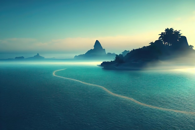 Een digitaal schilderij van een tropisch eiland met een berg op de achtergrond.