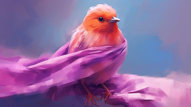 Een digitaal schilderij van een vogel met een roze sjaal op