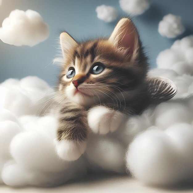 Een digitaal schilderij van een vreedzame witte kat die diep in de wolken slaapt