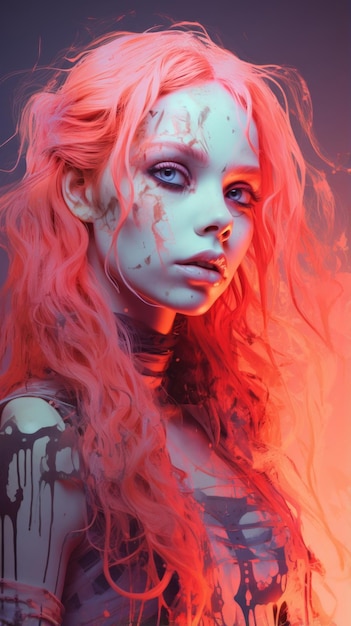 een digitaal schilderij van een vrouw met roze haar en bloed op haar gezicht