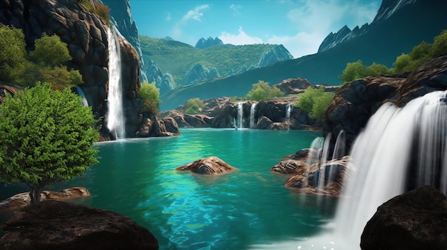 Een digitaal schilderij van een waterval in een berglandschap