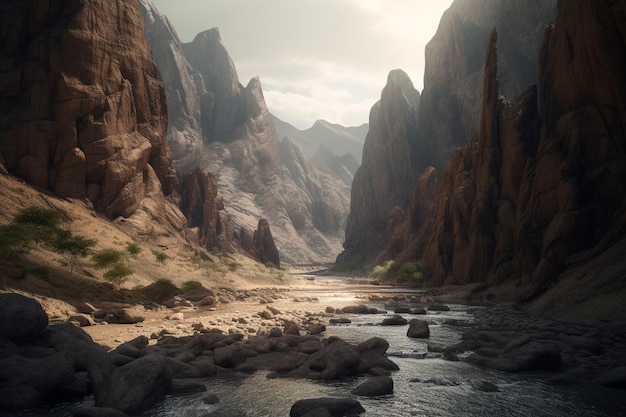 Een digitaal schilderij van een woestijnlandschap waar een rivier doorheen stroomt