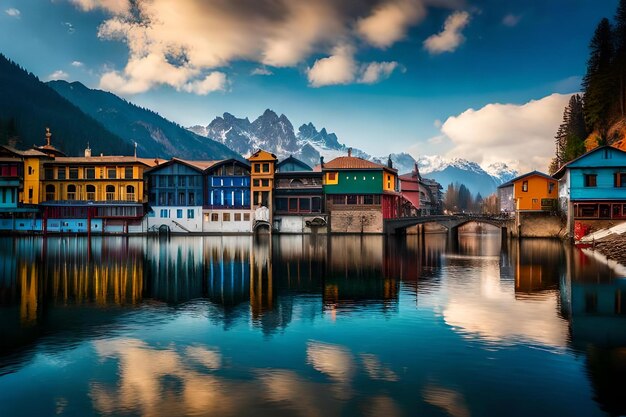 Foto een digitaal schilderij van huizen aan de rivier