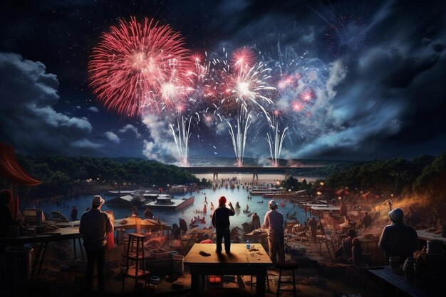 Een digitaal schilderij van mensen die naar vuurwerk kijken met een man die op een tafel staat.
