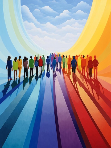 een digitaal schilderij van mensen die voor een regenboogkleurige achtergrond staan.